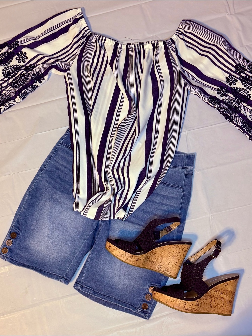 Song of Style Navy Blue and White Off the Shoulder Striped Blouse